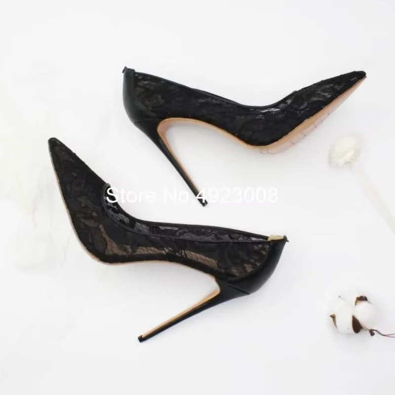 Super High Heel White Pumps Lace Women High Heel Shoes Hollow Pointed Toe Wedding Shoes Big Size 46 Black Sexy Heels Dress Shoes