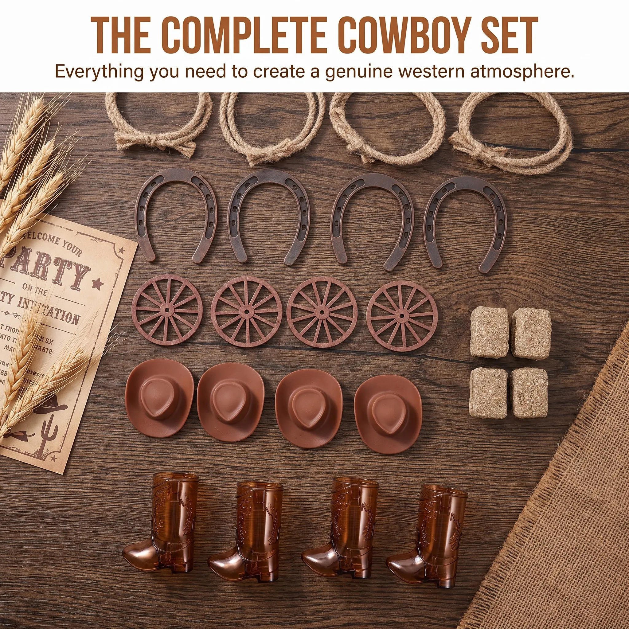 1Set Western Party Decorations Mini Hay Bales Cowboy Hats Horseshoes Boots Wagon Wheel Jute Rope Table Centerpieces Weddings