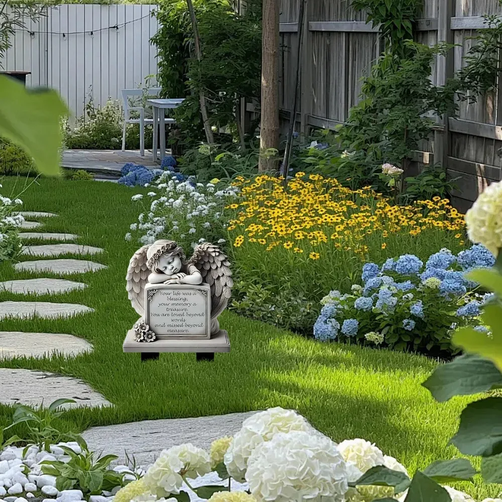 Commemorative Design Garden Angel Statue 5.11x7.8in Grey Angel Tombstone Plaque Human Memorial Garden Decoration Memorial Plaque