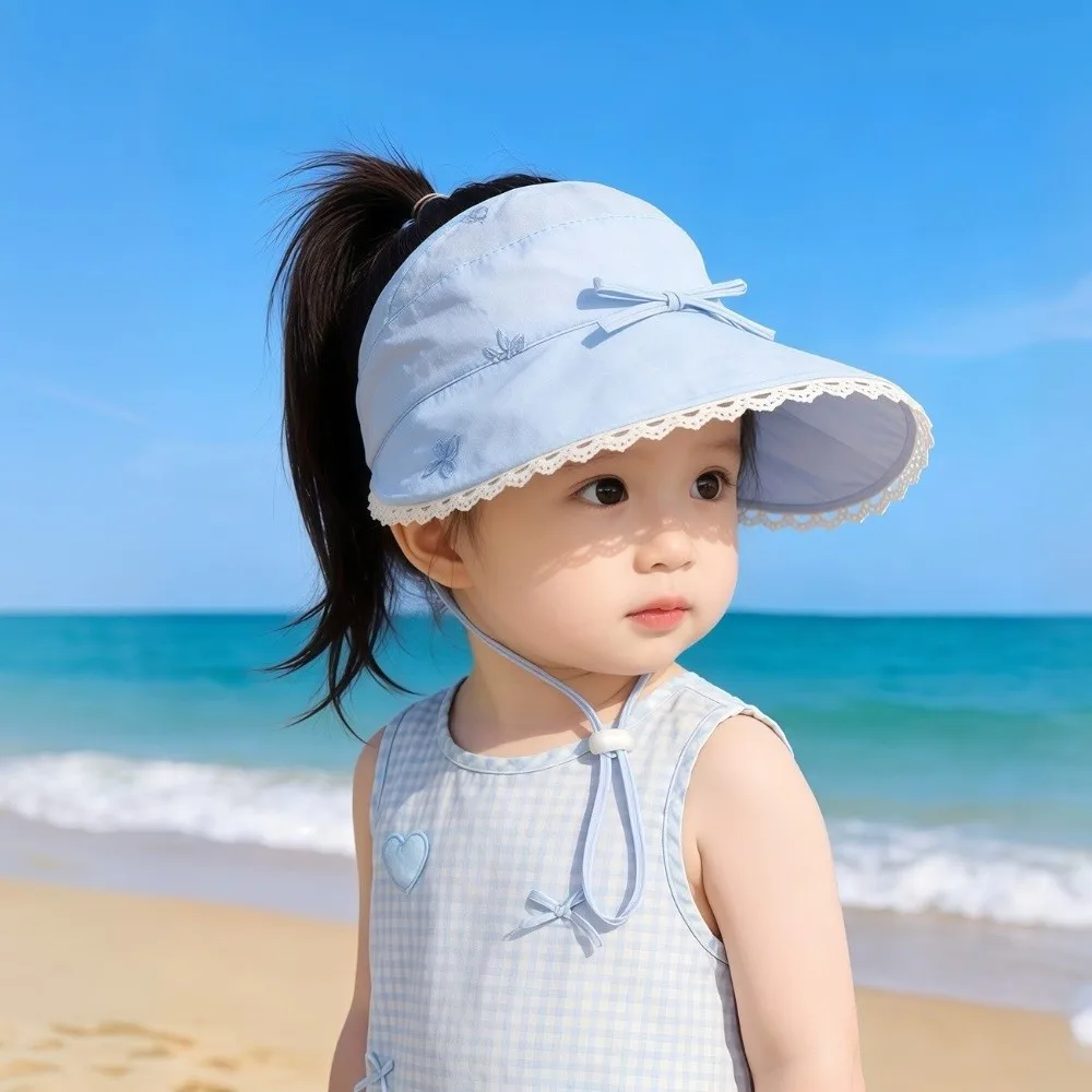 Korean Princess Lace Trim Empty Top Hat Bowknot Thin Sun Protection Hat Foldable Cotton Panama Hat 3-8 Years Old Girls