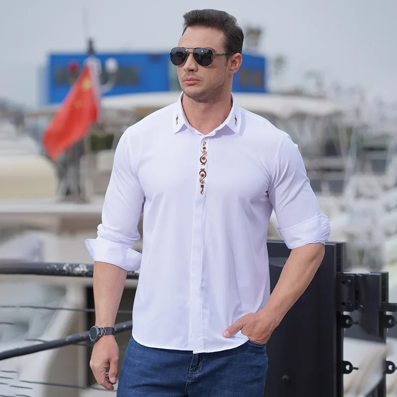 AI NI YA Men's Long sleeved Shirt Spring and Autumn New Elastic Non iron Ironing Embroidered Groom's Shirt