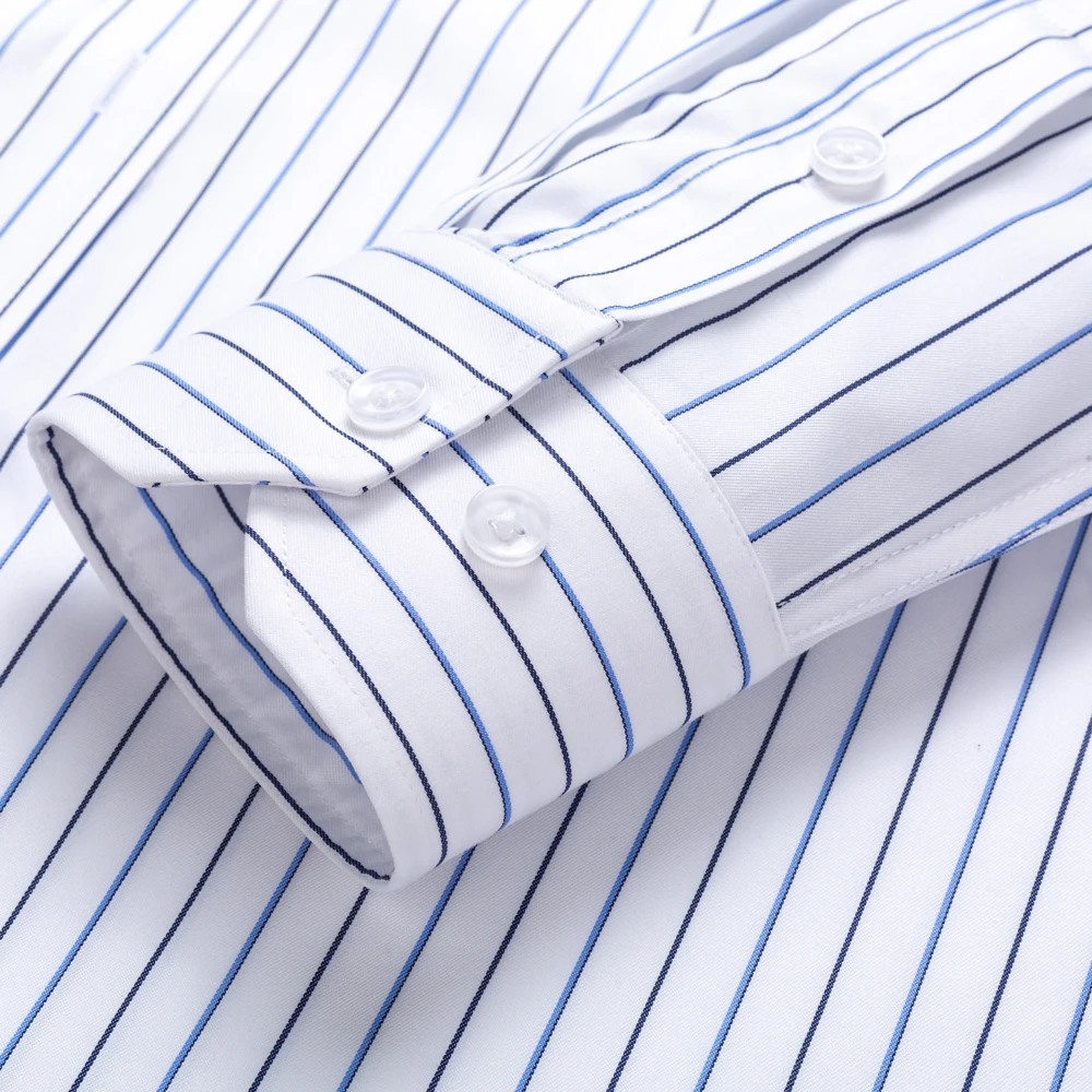 Men\'s Classic Long Sleeve Non-Iron Striped Dress Shirts Removable Collar Stays Formal Business Regular Fit Pure Cotton Shirt