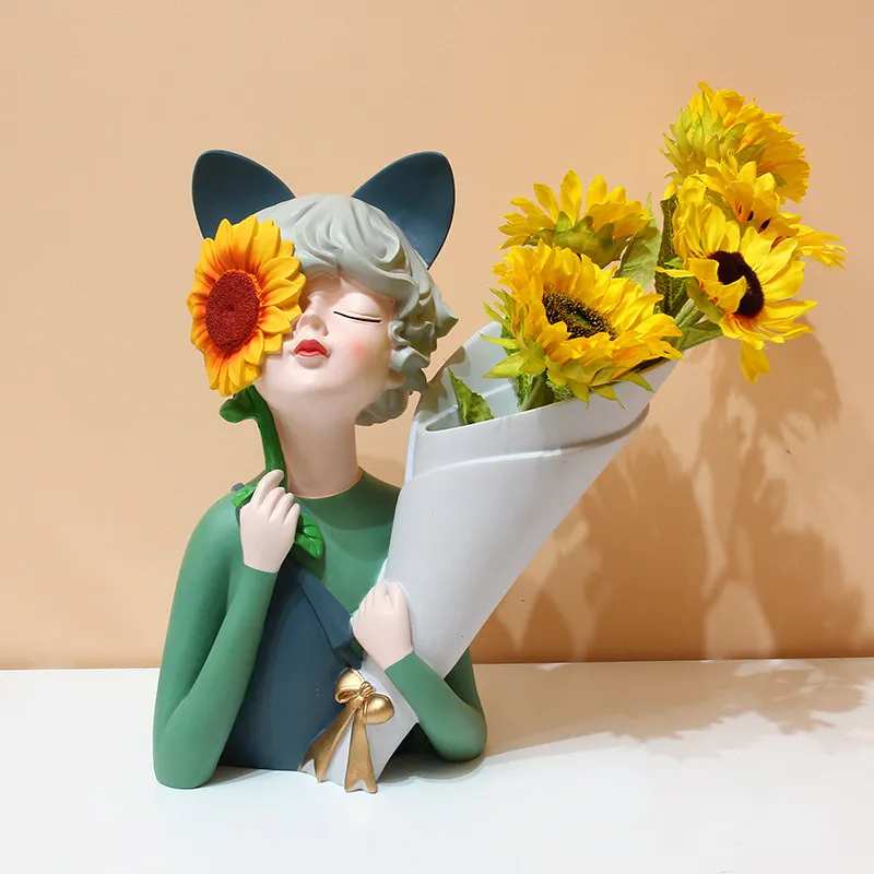 Sunflower Hand-held Flower Bow Girl Decorative Vase, Flower Arrangement, Resin Crafts, Living Room Desktop Decoration Figurine