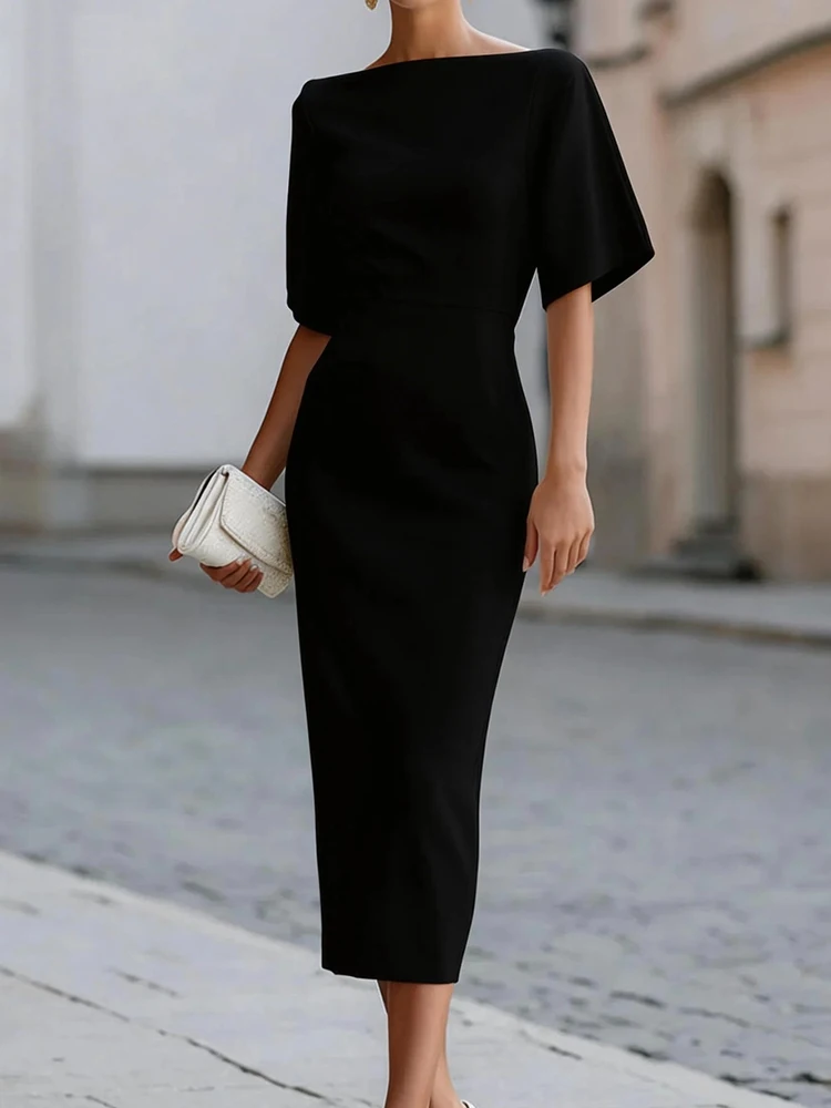 Slash Neck Patchwork Fashion Maxi Dress, Women Summer Half Sleeve Simple Party Dress, 2026 Solid Elegant Ladies Dress Streetwear