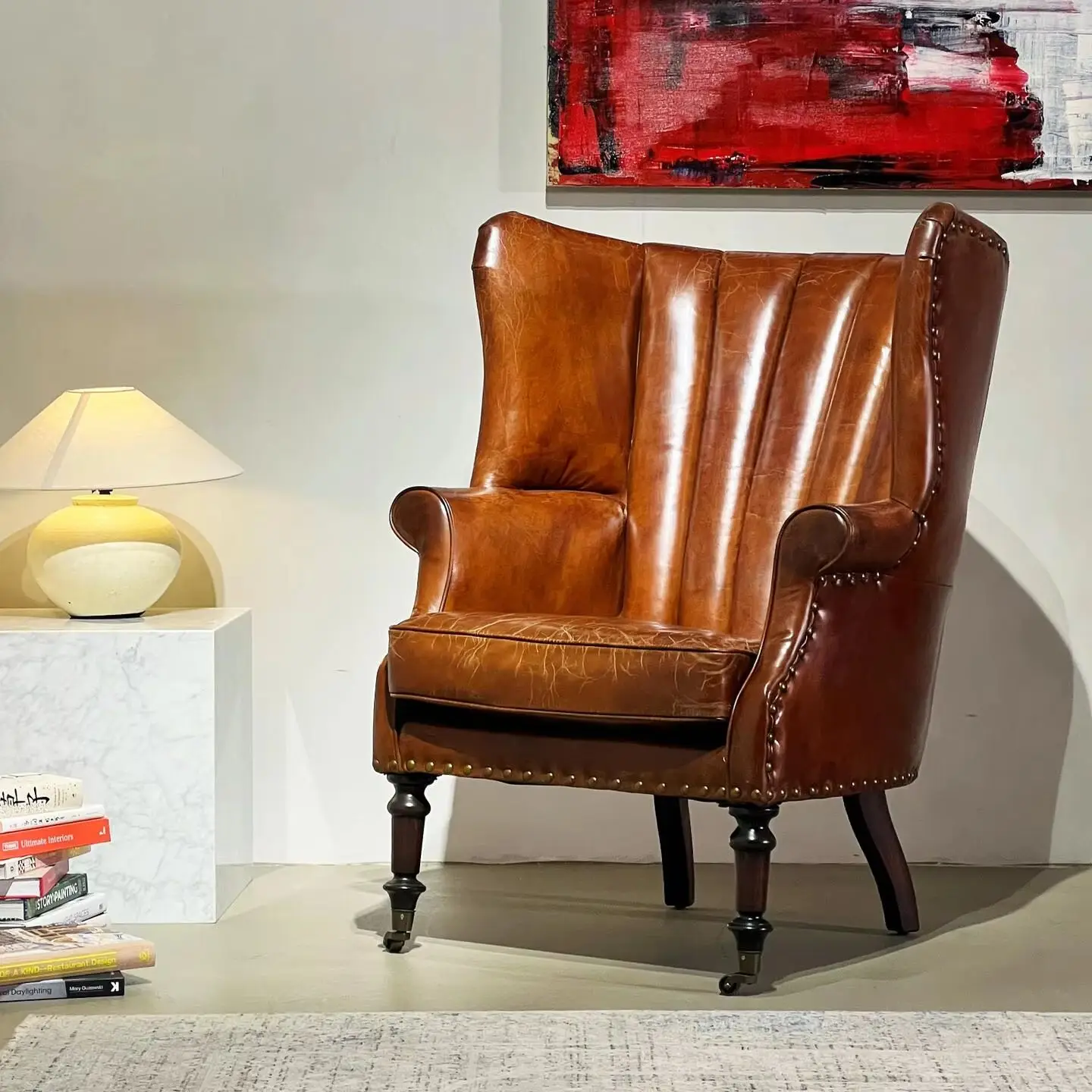 

Classic medieval-style single sofa chair, vintage oil-waxed leather club chair, villa whiskey cigar lounge chair