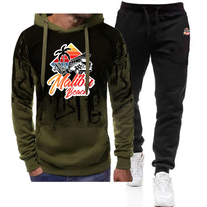 2025 Trendy Gradient Color Best Seller Hoodies Spring And Autumn Men's Malibu Beach Washed Logo Print Pants Suits