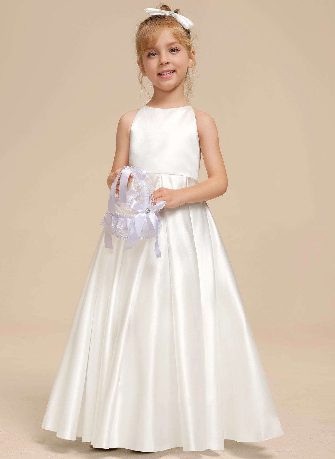 YZYmanualroom Vestido de menina flor de cetim com corte A até o chão e laço/personalizável