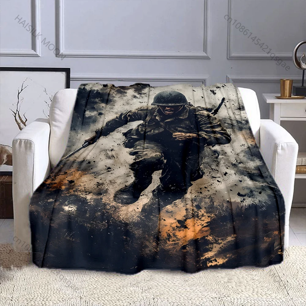 Charging soldier amid explosions Print Adult Children Warm Blankets Home Travel Car Soft Comfortable Suitable for all seasons