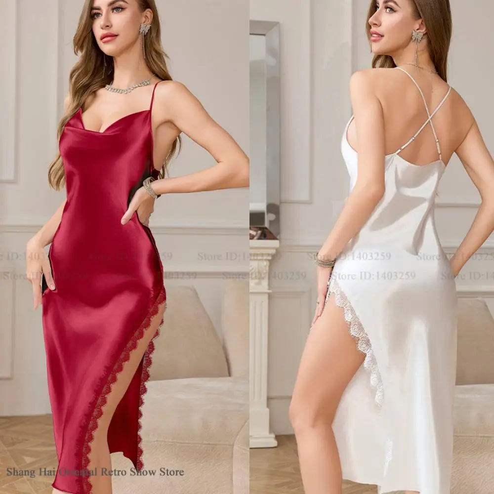 Female 2PCS Nightgown Set Summer New Sleepwear Home Clothing Sexy Split Suspender Nightdress Nighty Satin Loungewear Lingerie