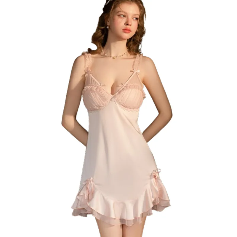 

Elegant And Luxurious Silky Satin Low-Cut Deep V Backless Nightgown With Detachable Chest Pads And Robe Dress Charming 3E0J