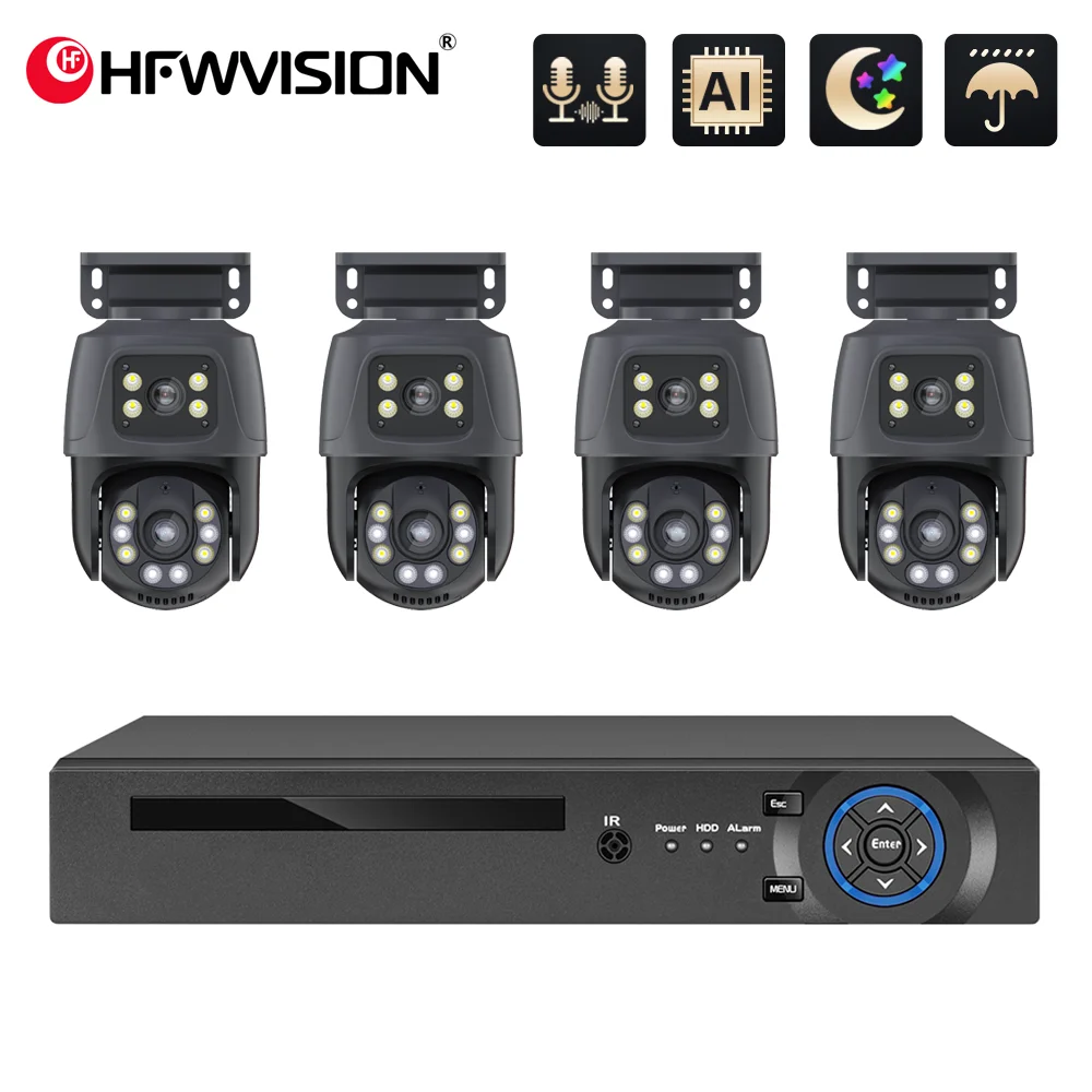 HFWVISION 3K 6MP POE 8CH System kamer monitorujących podwójny obiektyw PTZ dwukierunkowy dźwięk podwójny ekran zestaw do nadzoru wideo