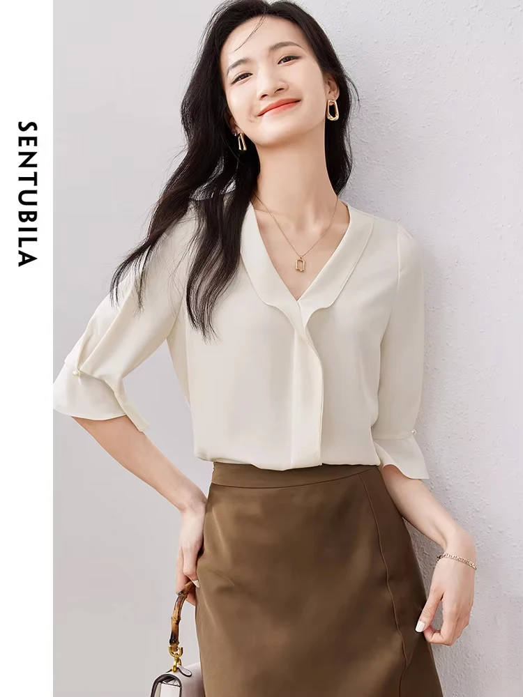 SENTUBILA New Office Lady V Neck Chiffon Blouses Women 2024 Autumn Elegant Half Sleeve Pullover Blouse Temperament Top 133V49712