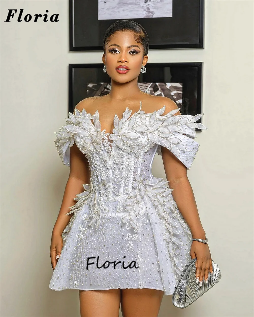 Aso Ebi Weiße kurze Cocktailkleider, elegant, schulterfrei, mit Perlen verziert, A-Linie, Damen-Abschlussball-Abendkleid, individuelle afrikanische Partykleider