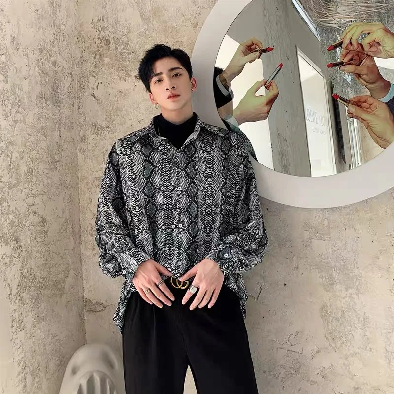 Men Snake Skin Pattern Ins Chic Y2K Shirts Tops Male Vibe Plog Vlog Trendy Nightclub Blouse Fashion Gothic Punk Senior Sexy Tops