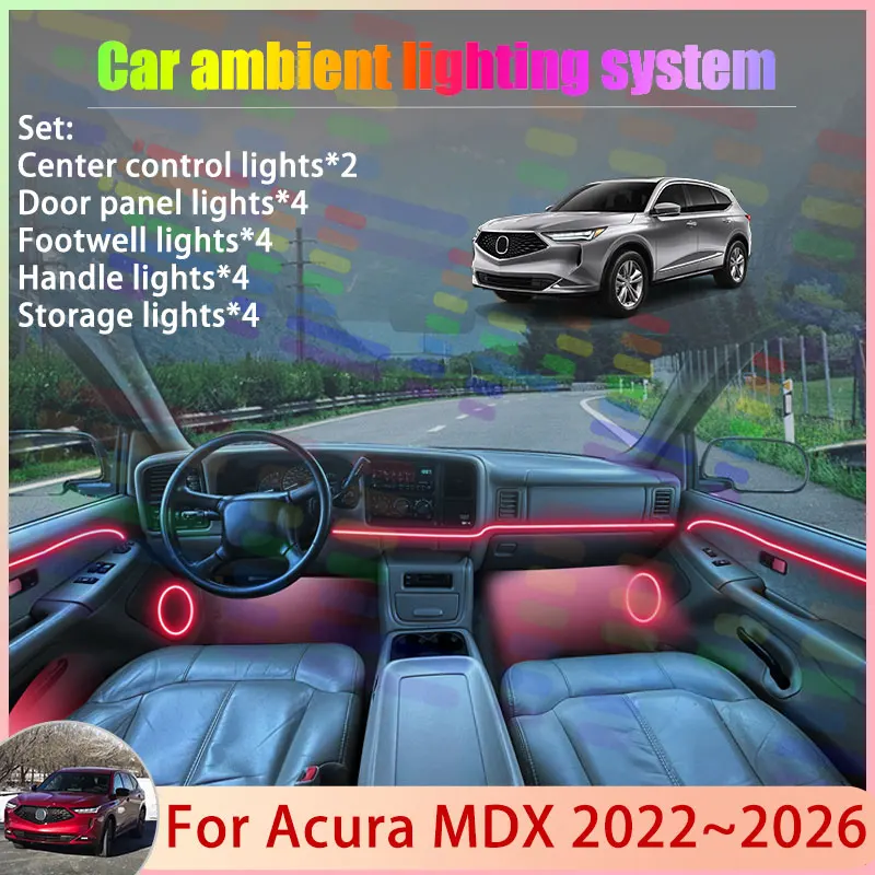 

Для Acura MDX 2022-2026 YD8 YD9 YE1 MK4 2023 2024: Комплект атмосферной RGB-подсветки салона 2/24 в 1 с эффектом бегущих огней