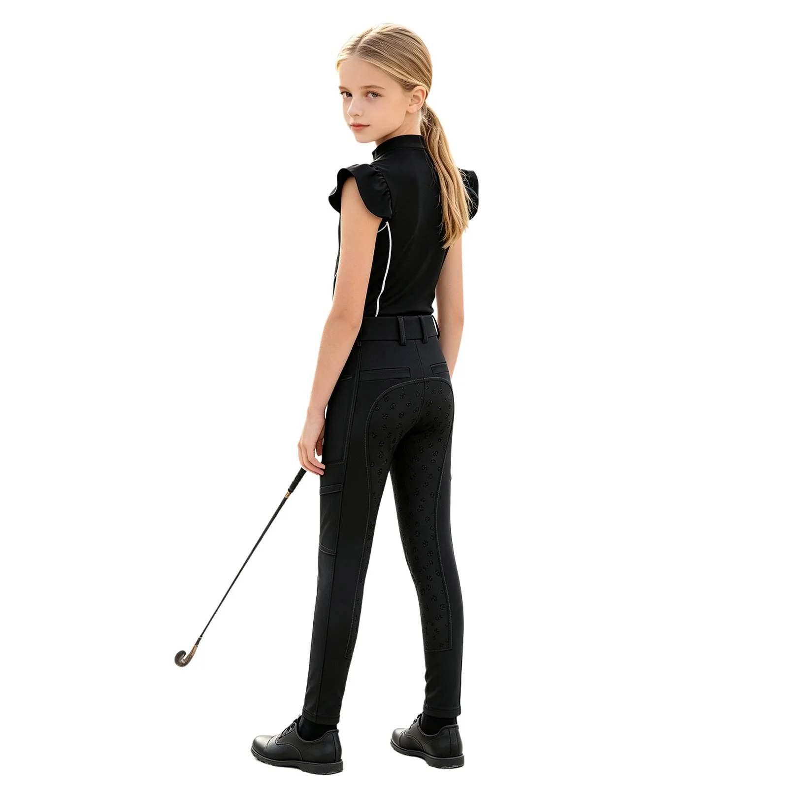 Children Girls Horse Riding Costume Equestrian Training Performance Clothes Zip-up Stand Collar Top Full Seat Anti-slip Breeches