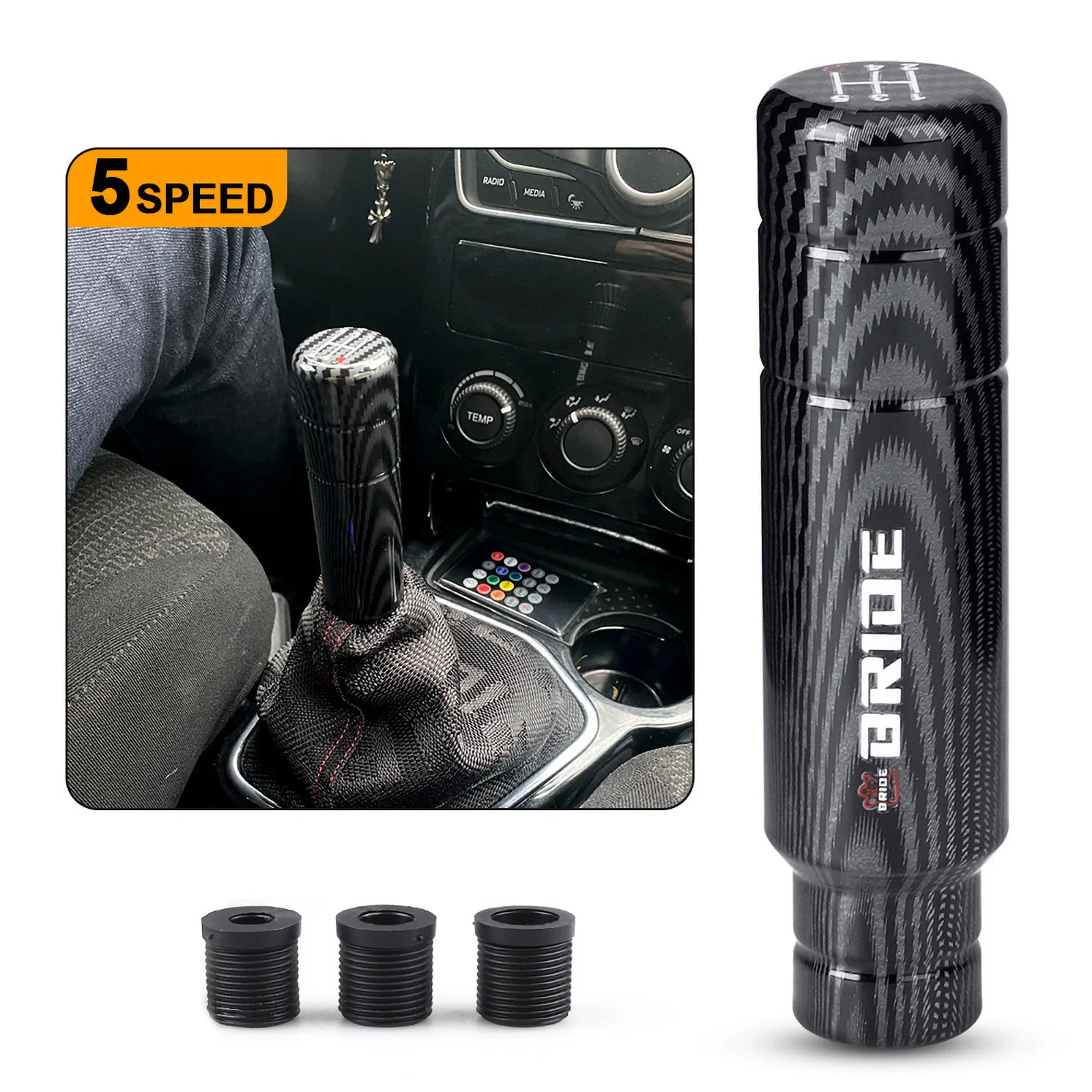 5 Speed Carbon Fiber Style Gear Shift Knob 13CM Universal Shape Manual Transmission Shifter Lever Knob 8MM 10MM 12MM