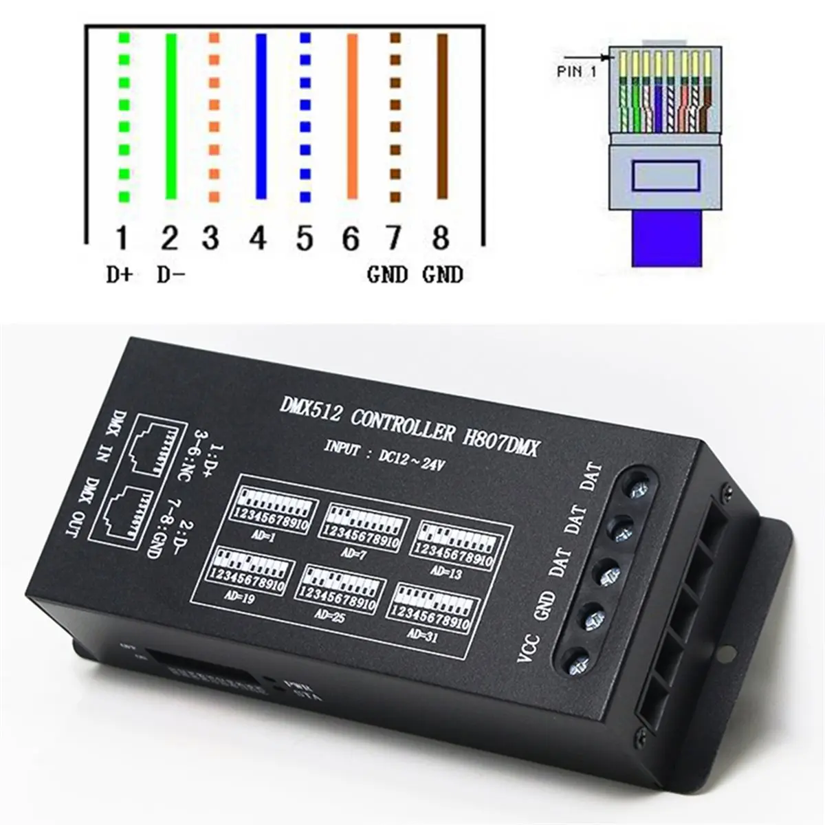 ABZS DMX512 Controller H807DMX SPI Decode RGB Controller 14 Channels Controller for WS2812 WS2813 Stage Light
