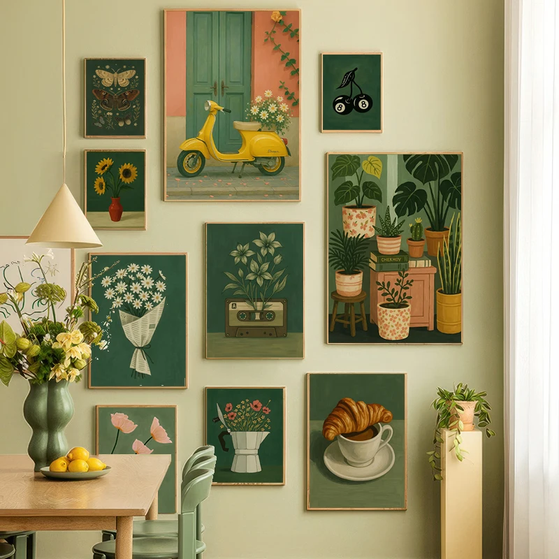 Cuadro Decorativo sin Marco con Diseño de Ramo de Tulipanes y Amapolas Rosas, Cafetera Moka, Impresión Artística para Pared, Ideal para Sala de Estar, Cuadros