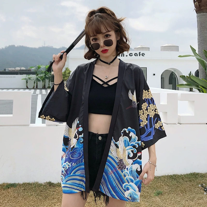 Vintage Ins Trendy Crane Printed Sun Protection Clothing Loose Cardigan Summer Stage Performance Clothing Outwear Women's