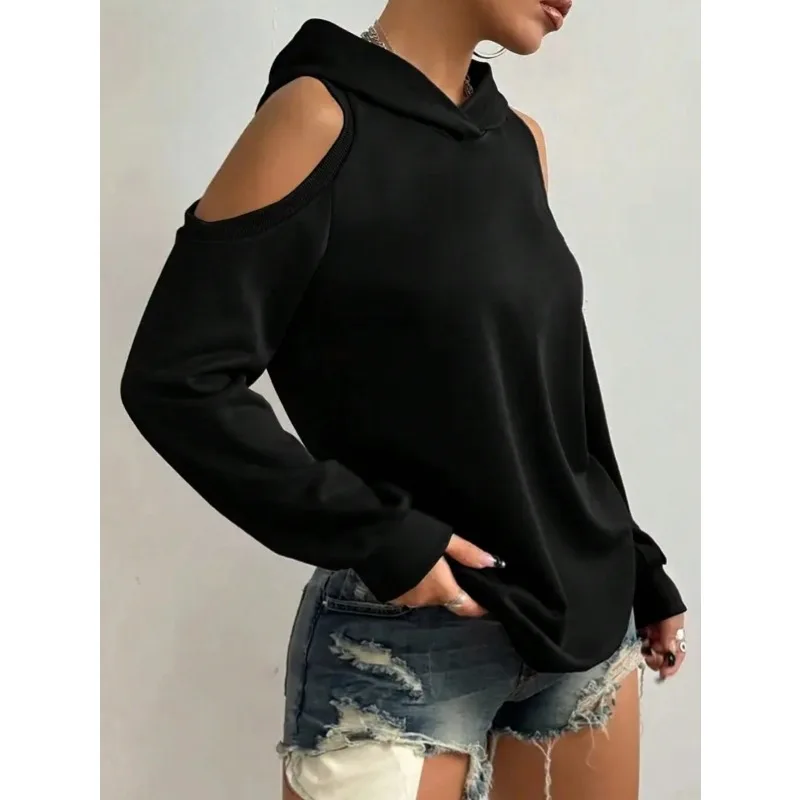 

Plus Size Women's Long-sleeved Drawstring Hooded Pullover Sweater Pure Color High-grade Black Off-shoulder Pocket Sweater