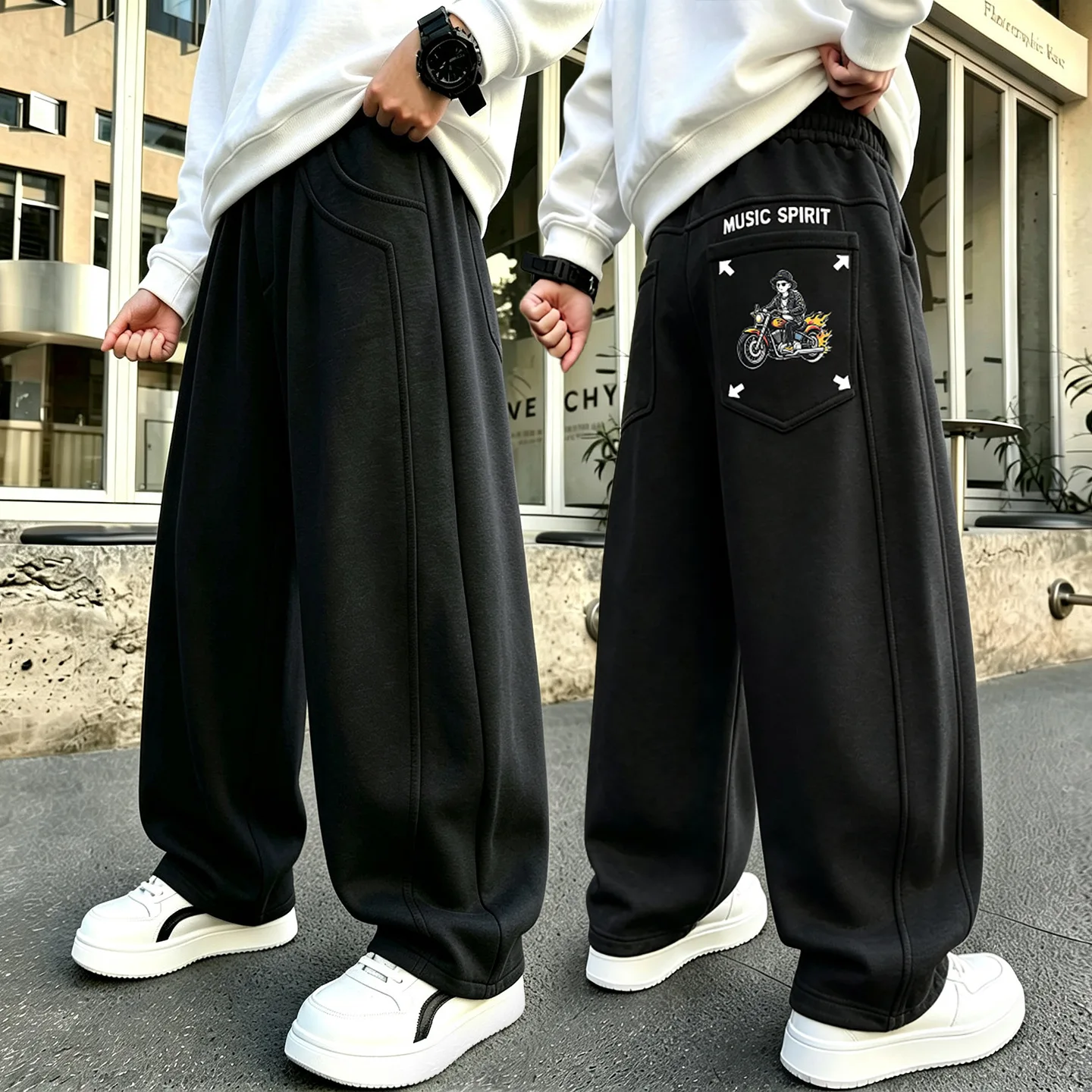 Korean Kids Autumn Sports Pants for Boys Knitted Cotton Sweatpants Black/Gray Sporty Trousers with Pocket Embroidery