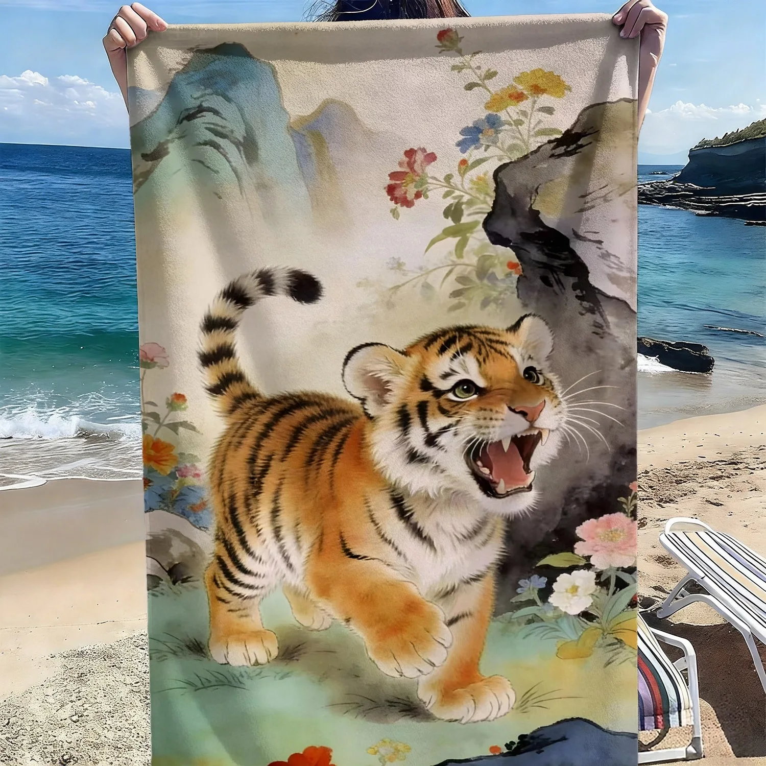 

Cartoon tiger, flower and rock pattern polyester microfiber beach towel is highly absorbent, suitable swimming and beach outings