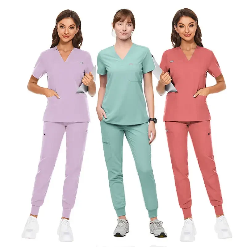 High Quality Casual Breathe Quick-dry Elastic Unisex V-Neck Jogger Dentist Beauty Salon Laboratory Nurse Scrubs Hospital Sets