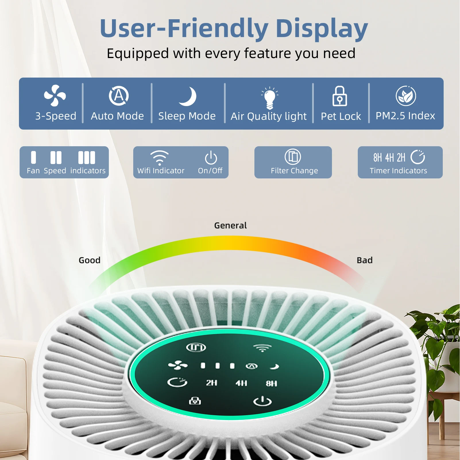 Air Purifier 3-in-1 high-efficiency HEPA filter Purifying the air Remove 99.97% of items below 0.3 microns Three speed range