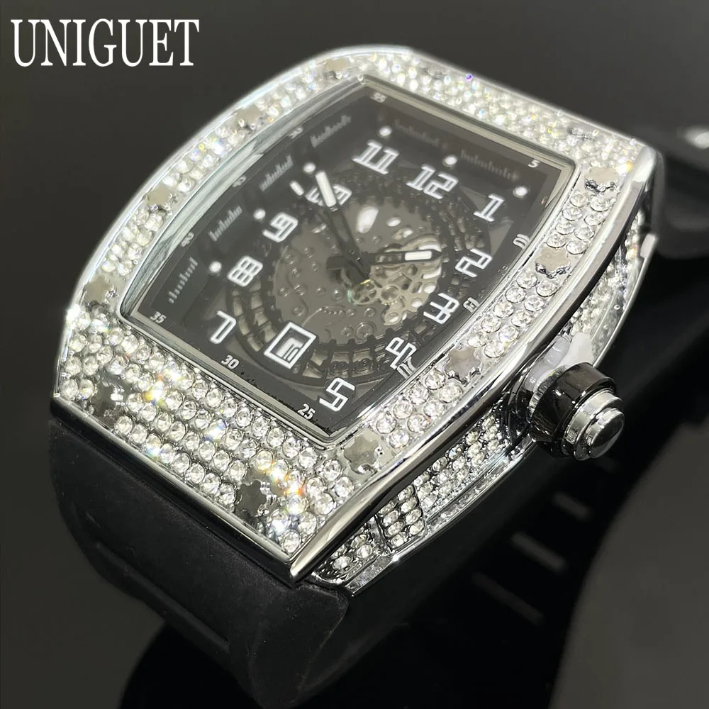 Hot Brand UNIGUET Iced Quartz Watch For Mens Sports Silicone Strap Watches Man Hip Hop Diamonds Tonneau Wristwatch Dropshipping