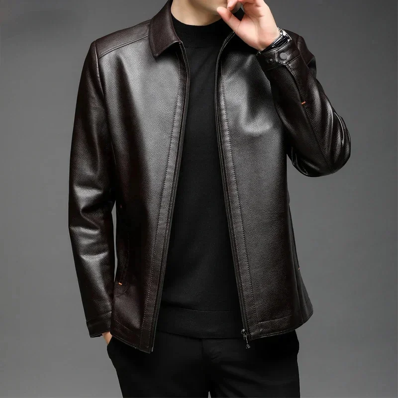 Genuine Leather Jacket Spring Autumn Loose Slim Coats for Men Split Casual Jakets Lapel Stand Collar Coat Male