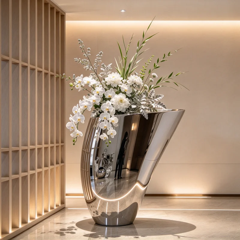 Stainless Steel Water Drop Pebble Stone Flower Pot Mirror Garden Sculpture Landscape Ornament for Pool Sales Department