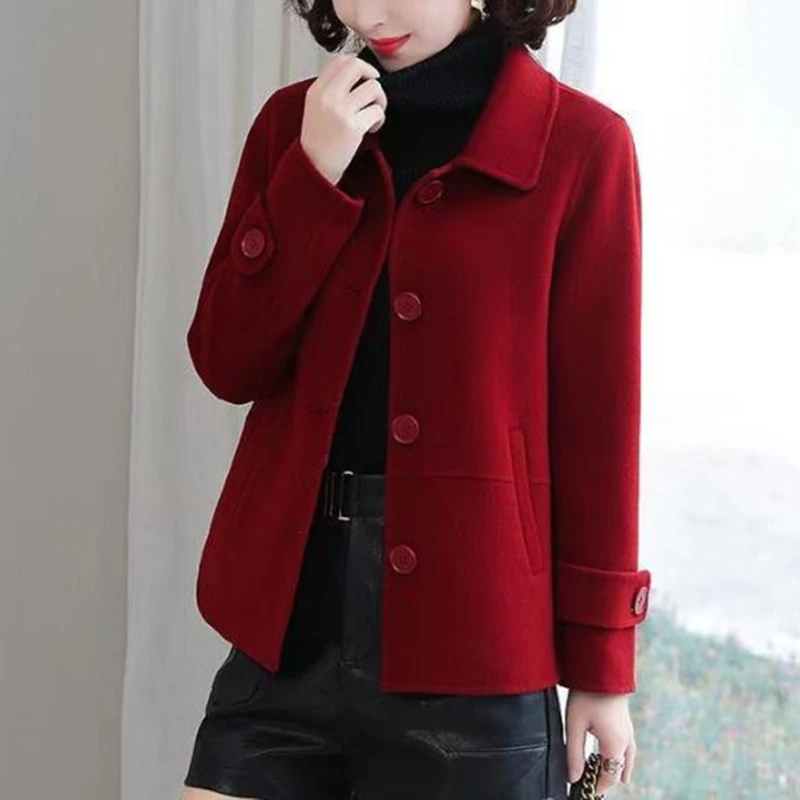 

Autumn Winter Women Classic Solid Mom Jacket Female Leisure Daily Baggy Cardigan Lady Fashion Button Woolen Blends Coats