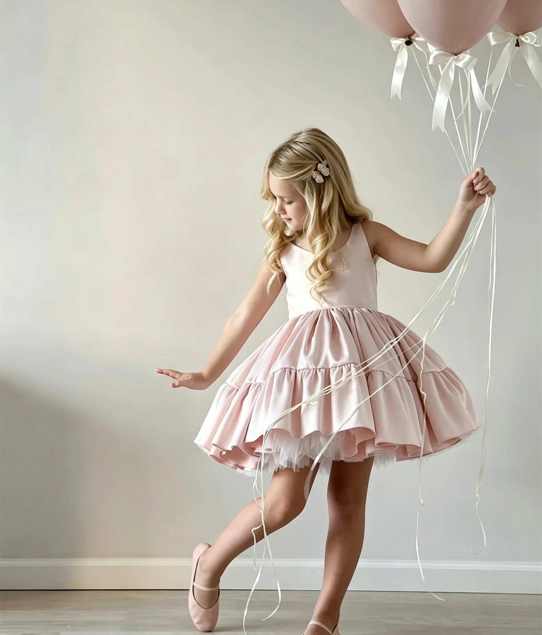 Wunderschönes ärmelloses Satin-Blumenmädchenkleid für Hochzeiten, bauschiges knielanges Kindergeburtstagskleid, Prinzessinnen-Abendballkleid. – Detail 1