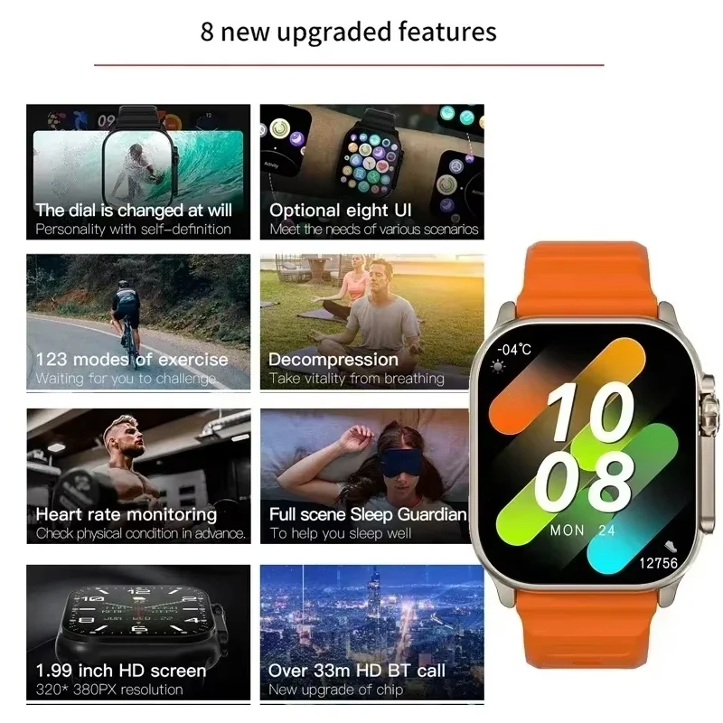 ساعة ذكية 2025 T800 2 للرجال 49 ملم سلسلة 8 2.3 بوصة شاشة AMOLED NFC بوصلة مقاومة للماء لساعة أبل IWO Ultra 8 الذكية