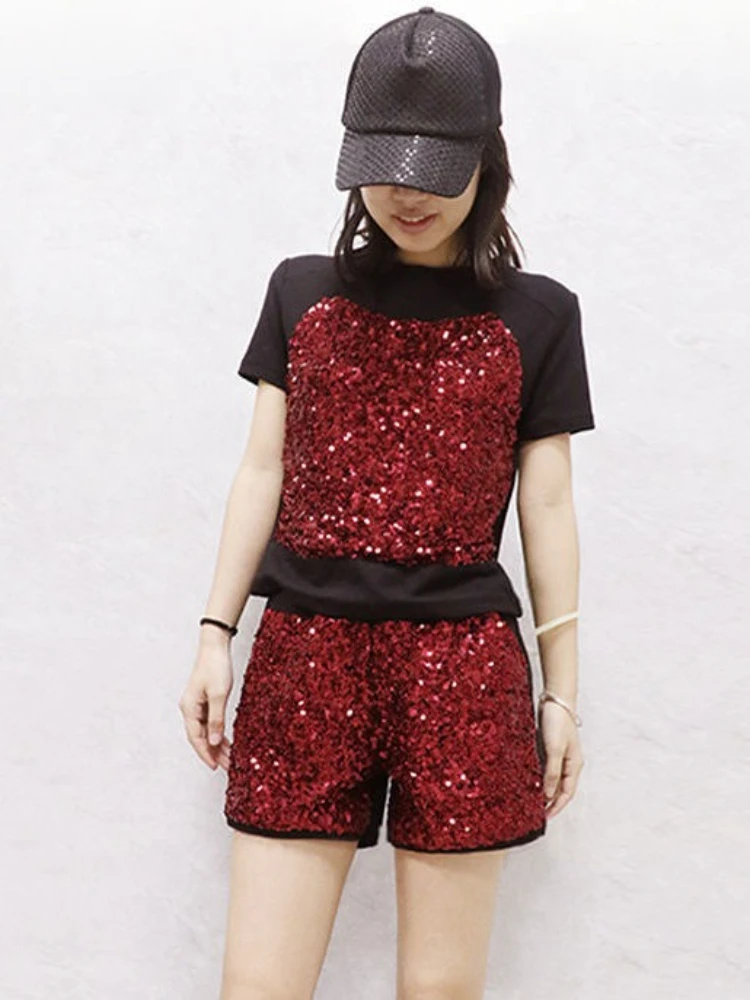 

Women's 2025 Summer New Fashionable Casual Shiny Short Sleeve+Elastic Waist Wide Leg Pants Trendy Sequin Two Piece Set