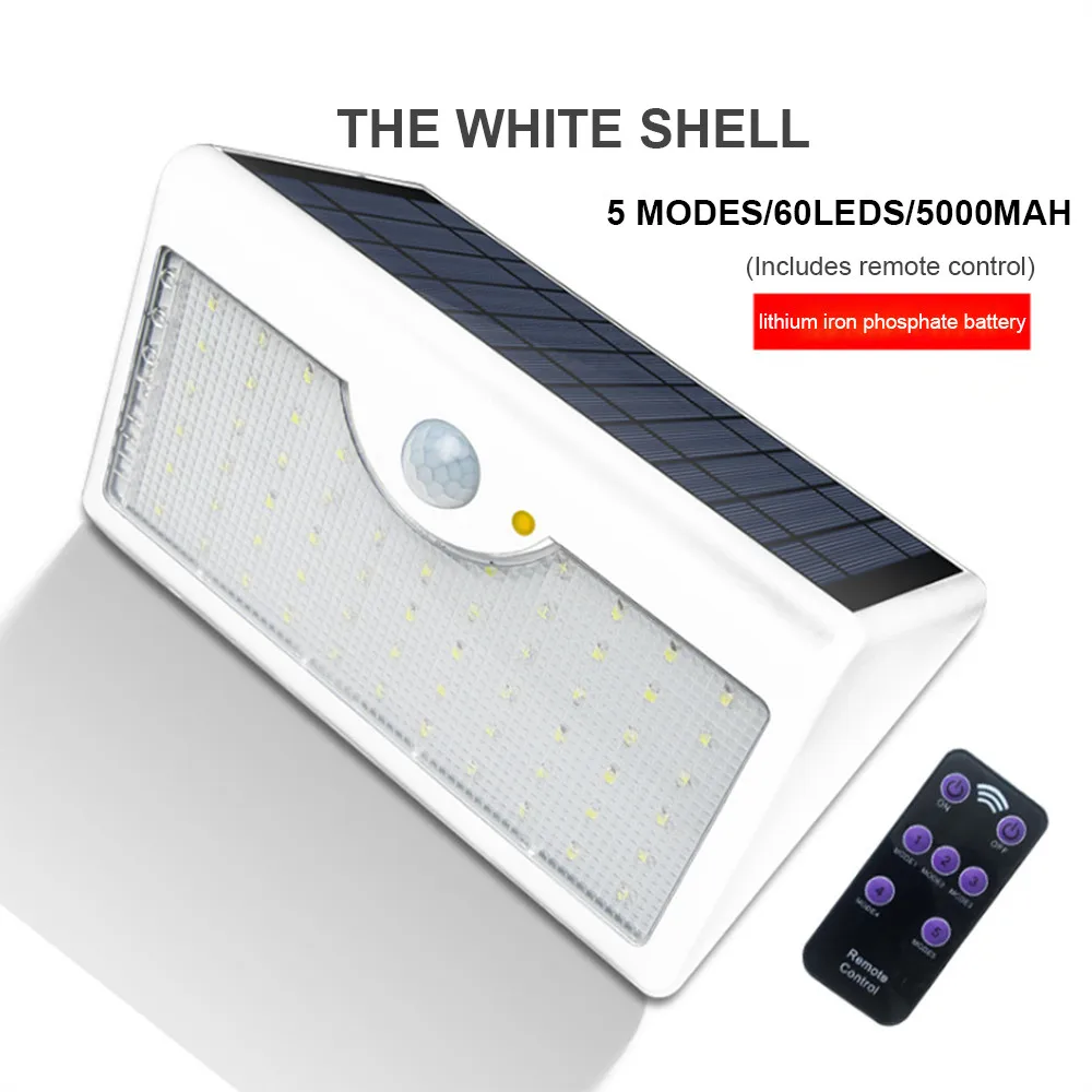 White Shell Solar Rechargeable LED Remote Control Outdoor Household IP65 Waterproof 60LEDS Garde Sensor Wall Lamp