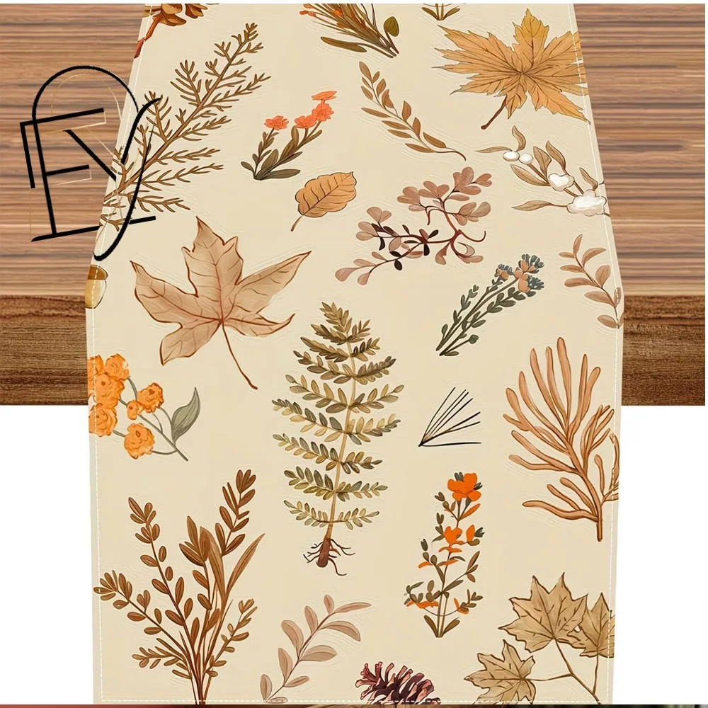 Linen Table Runner Orange Purple Polka Dot Pumpkins Berries  Maple Leaves on Off White Fall Tablecloth  Autumn Table