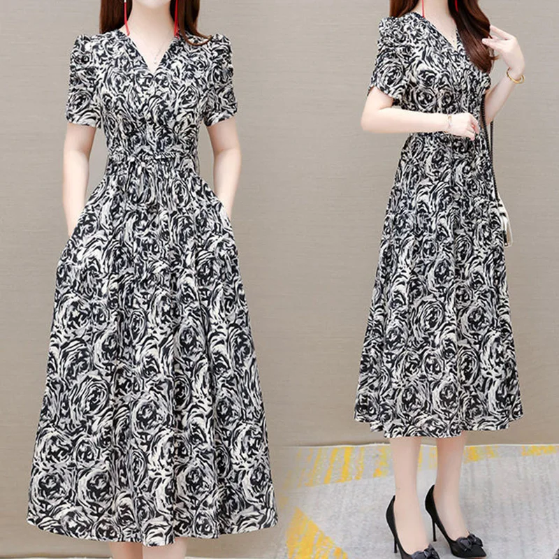 2023 Summer New Style Temperament Women\'s Clothing Lacing Fashion V-Neck Printing Short Sleeve Splicing Pockets Slim Midi Dress