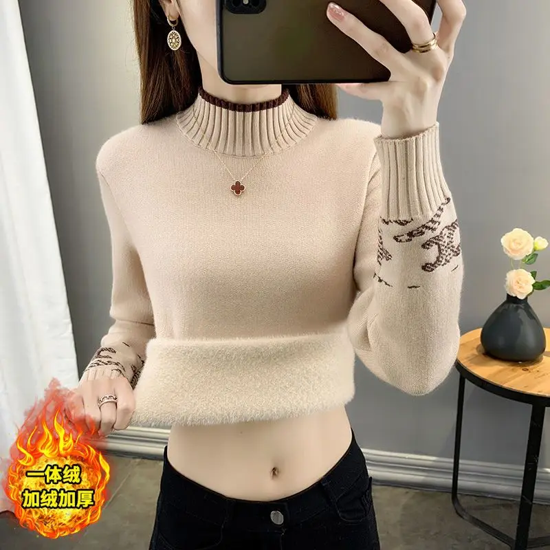 Winter Thickened Turtleneck Sweater Women Slim Warm Fleece Lined Knitted Tops Solid Plus Velvet Pullover Casual Knitwear Jumper