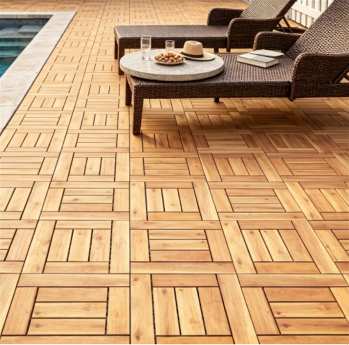 27PCS Interlocking Deck Tiles, Natural Acacia Wood Waterproof Floor Tile with Drainage Base, Anti-Slip Snap Flooring for Patio Balcony Bathroom