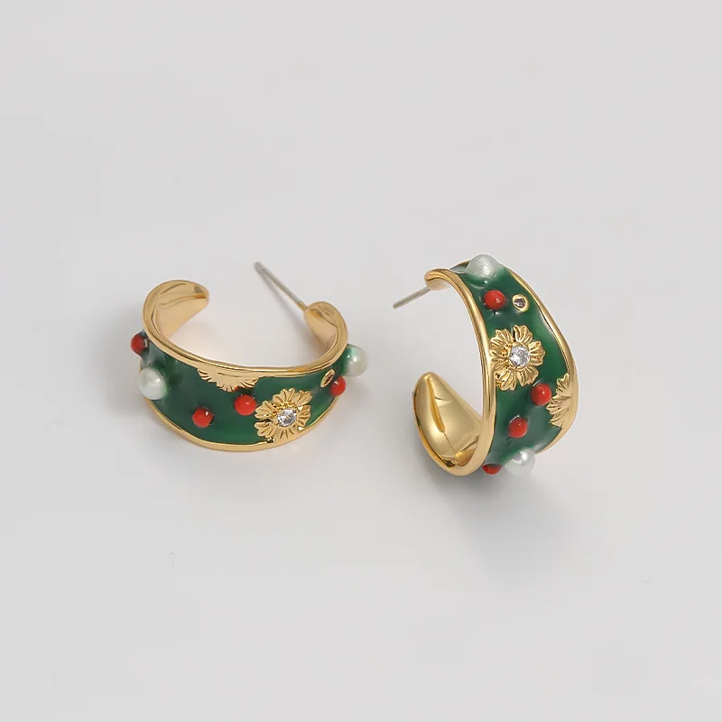 

Smoke Water Green Enamel National Style Earrings Fake Pearl Flowers C Hoops Earrings for Women Versatile High-end New Chinese
