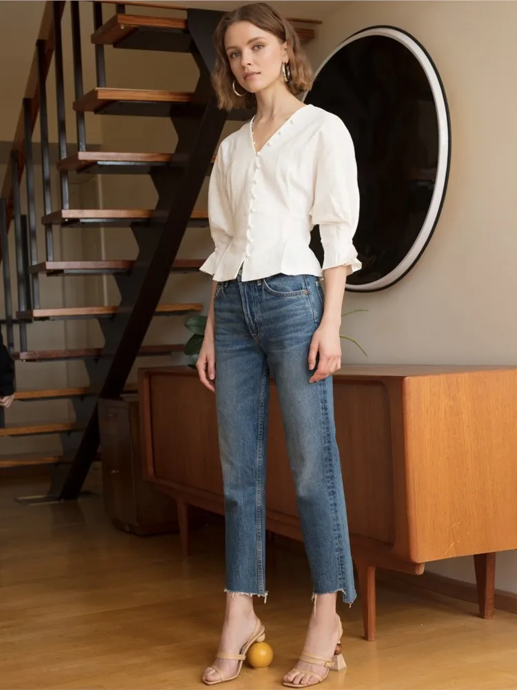 Bella Philosophy Spring Summer Cotton Linen Women Victoria Court Blouse Puff Sleeve French Style Female Blouse Buttons Shirt