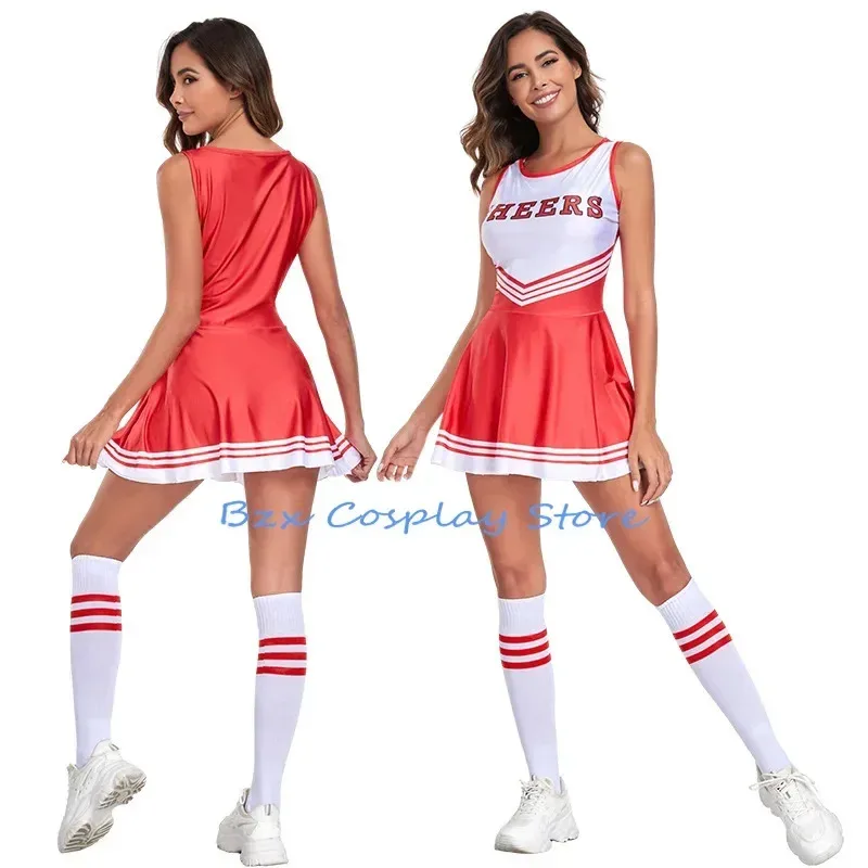 Costume da cheerleader per bambini e donne, uniformi da cheerleader per ragazze, abiti da ballo, gonne e fiori, abbigliamento per feste di Halloween