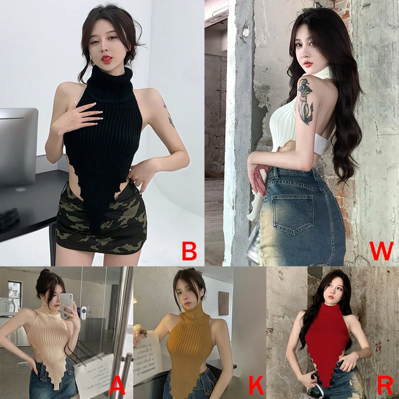 Korean version of solid color high neck slim sexy backless irregular knit sleeveless vest top black one size