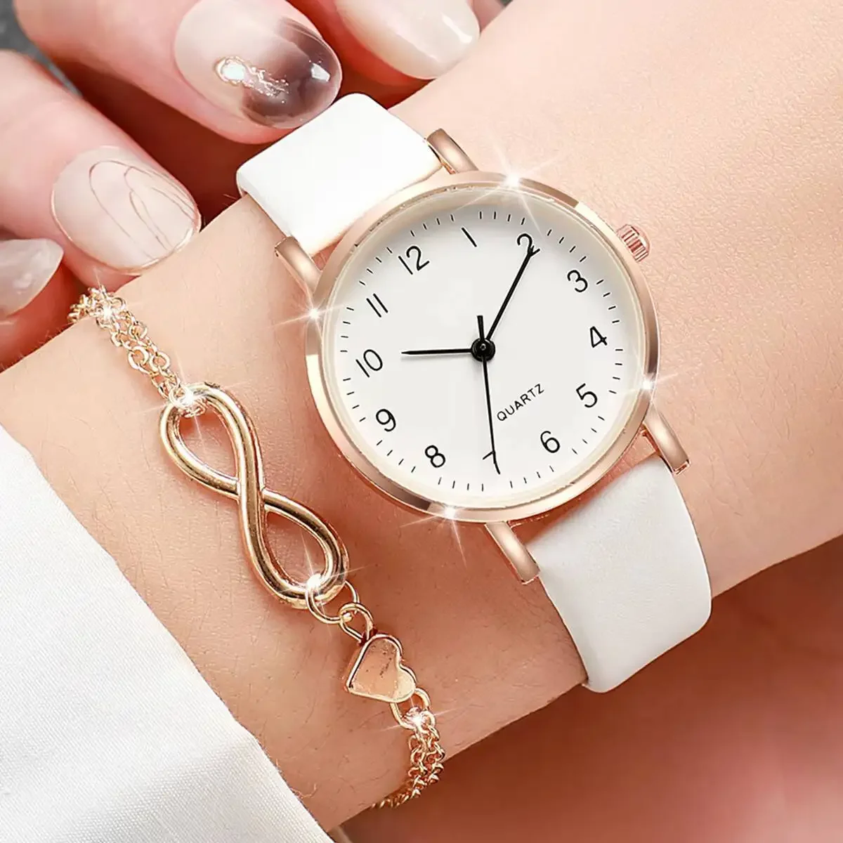 2PCS Fashion Arabic Dial Women's Watches Set Casual Leather Strap Quartz Wristwatches Gold Heart Bracelet Set Reloj Mujer