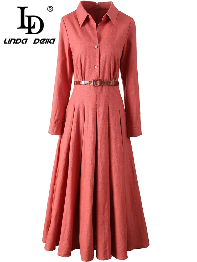 LD LINDA DELLA Elegant Commuter Solid Color Women\'s Dress Autumn Winter Turn-Down Collar Lace-UP linen long sleeves Dresses