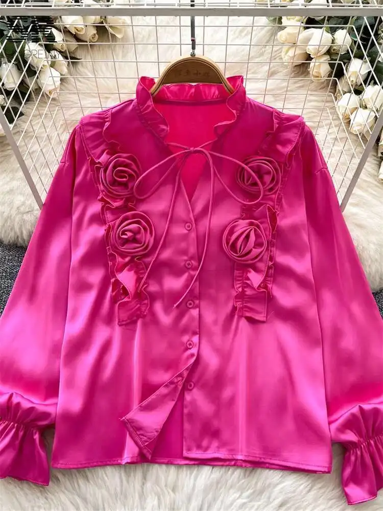 

Свободная атласная блузка BabYoung Senior, рубашка на пуговицах с длинными рукавами, новинка 2025 года, новейший дизайн с 3D цветами на шнуровке, женские модные топы OL