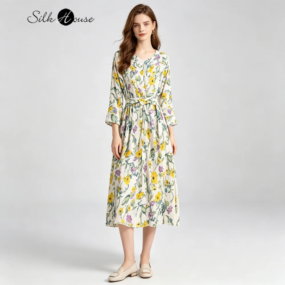 Women's Casual Clothing 100% Natural Mulberry Silk Crepe De Chine Beige Watercolor Flowers Print V-neck Back Slit Dress