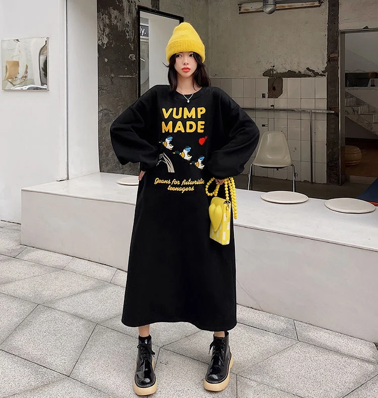 Winter Loose Fit Hoodie Dress Women's Trendy Oversized Korean Style Lazy Print New Long Sleeve round Neck H-Shape Dress